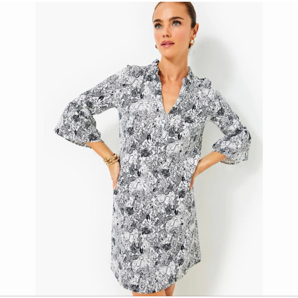 Women's Lilly Pulitzer S White Black Jungle Printed Mini Dress